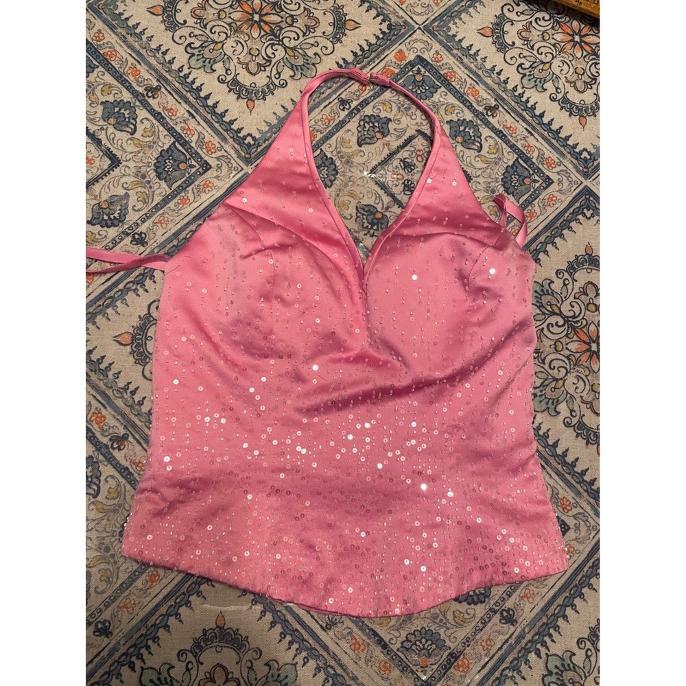 Y2K Mori Lee Pink Sequin Beaded Satin Halter Top Corset Bodice Size small